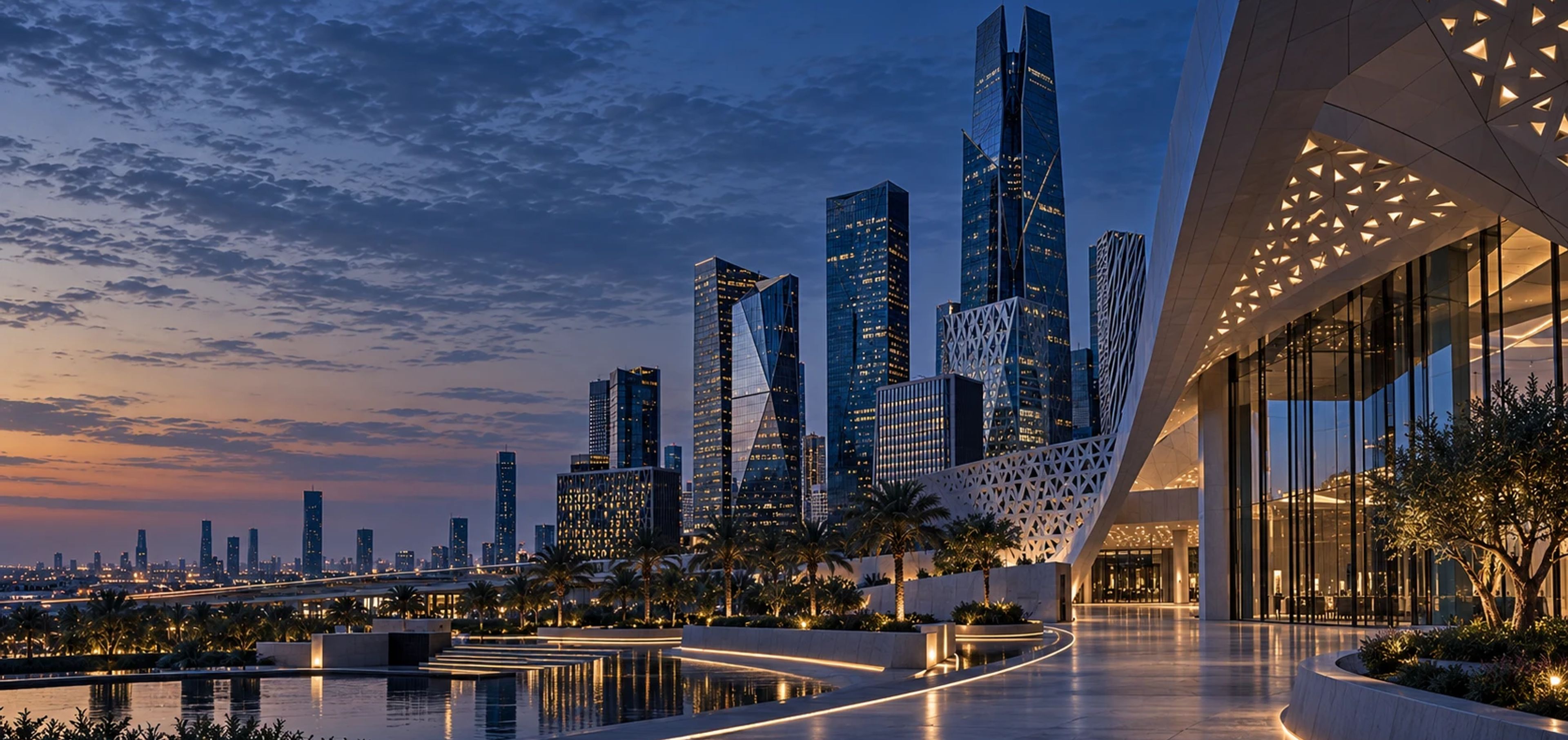 An illuminated lattice-clad walkway and reflecting pool in Riyadh’s King Abdullah Financial District at blue hour.