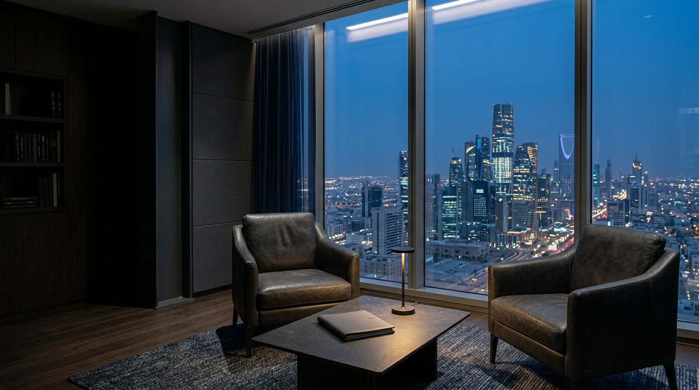 A quiet advisory study high above Riyadh at blue hour, two armchairs facing the King Abdullah Financial District.