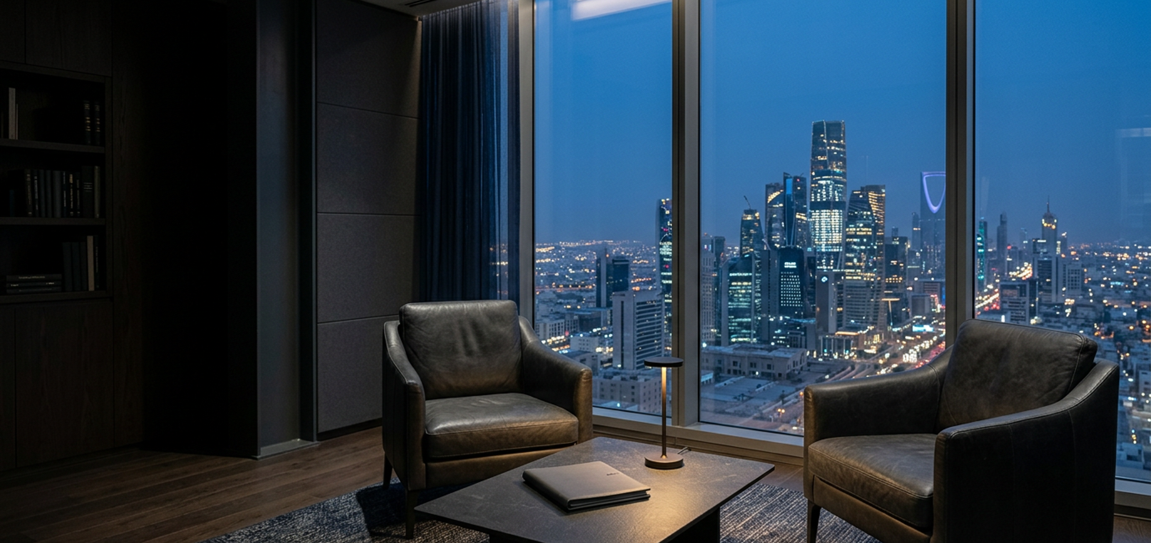 A quiet advisory study high above Riyadh at blue hour, two armchairs facing the King Abdullah Financial District.
