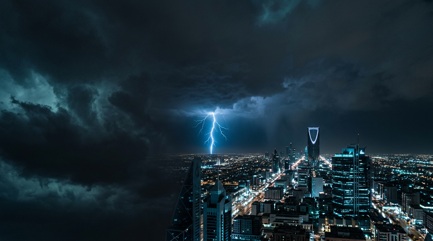 Lightning striking from heavy storm clouds over the Riyadh skyline at night.