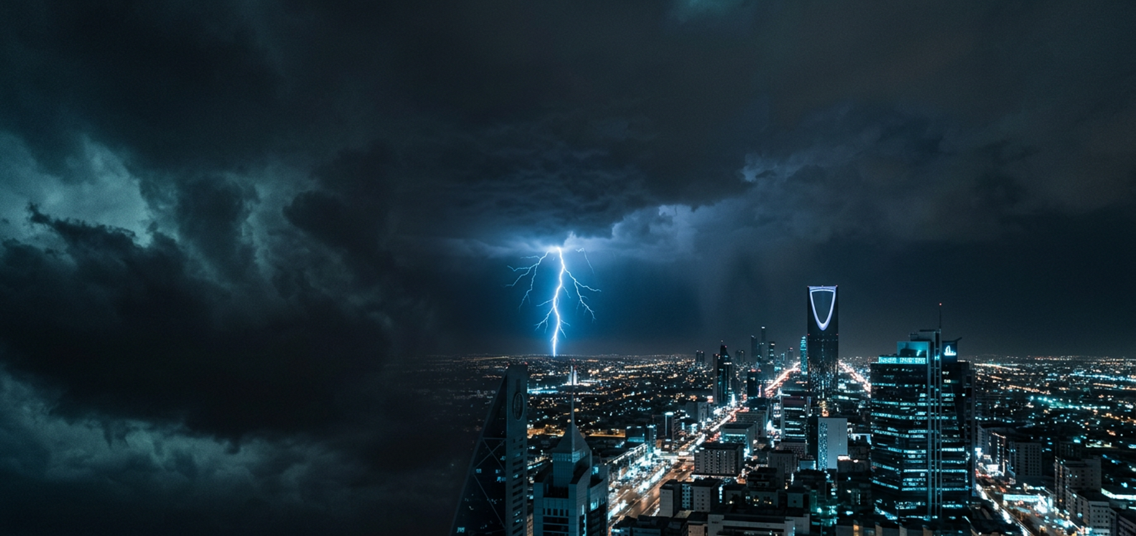 Lightning striking from heavy storm clouds over the Riyadh skyline at night.