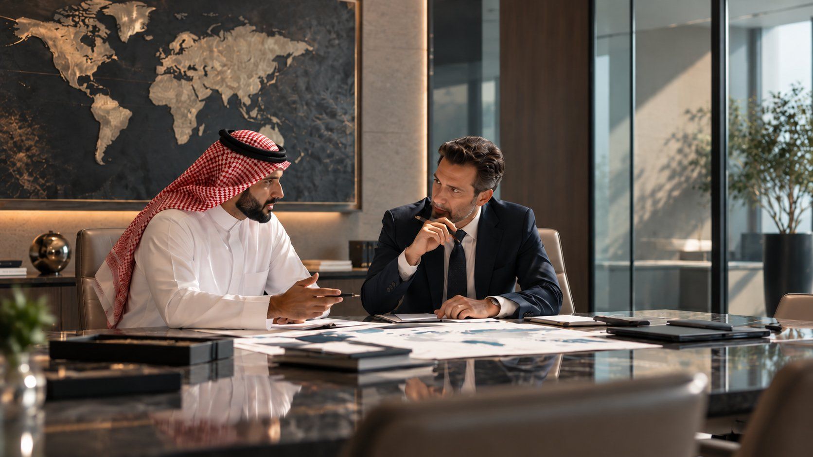 A Saudi executive and an international advisor in discussion at a boardroom table.