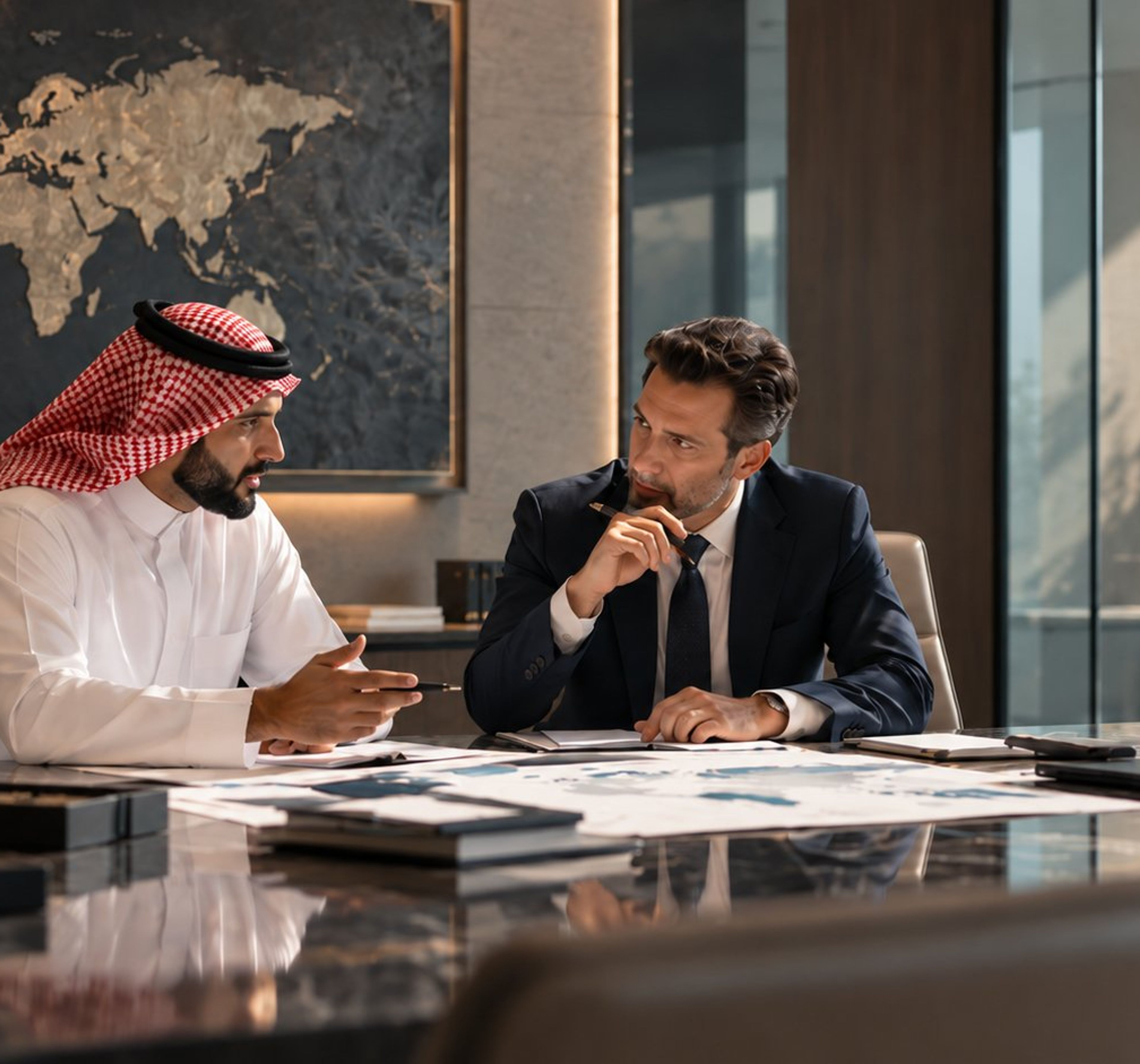 A Saudi executive and an international advisor in discussion at a boardroom table.