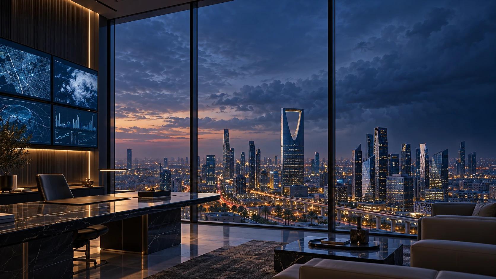 A dark office at night with screens tracking a storm system, overlooking the Kingdom Centre in Riyadh.