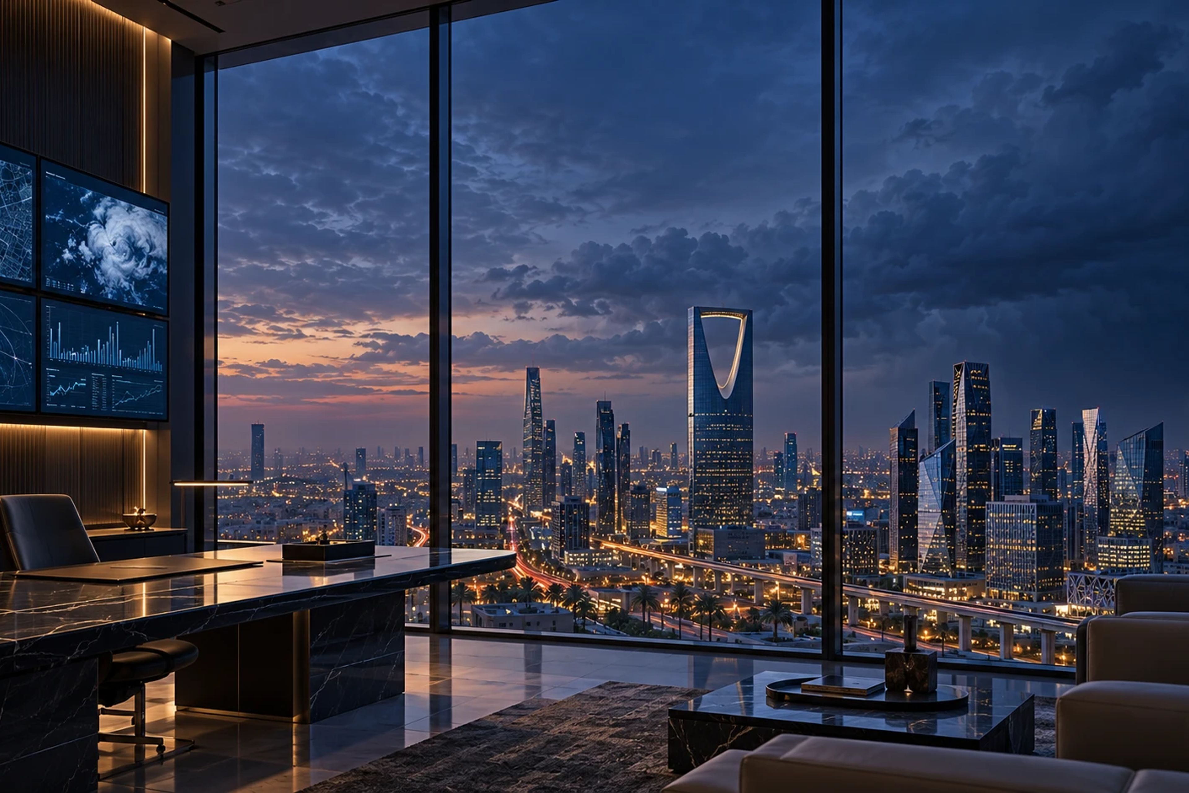 A dark office at night with screens tracking a storm system, overlooking the Kingdom Centre in Riyadh.