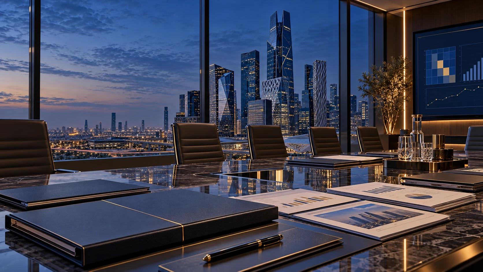 Leather folders, briefing papers and a pen on a boardroom table overlooking Riyadh at dusk.