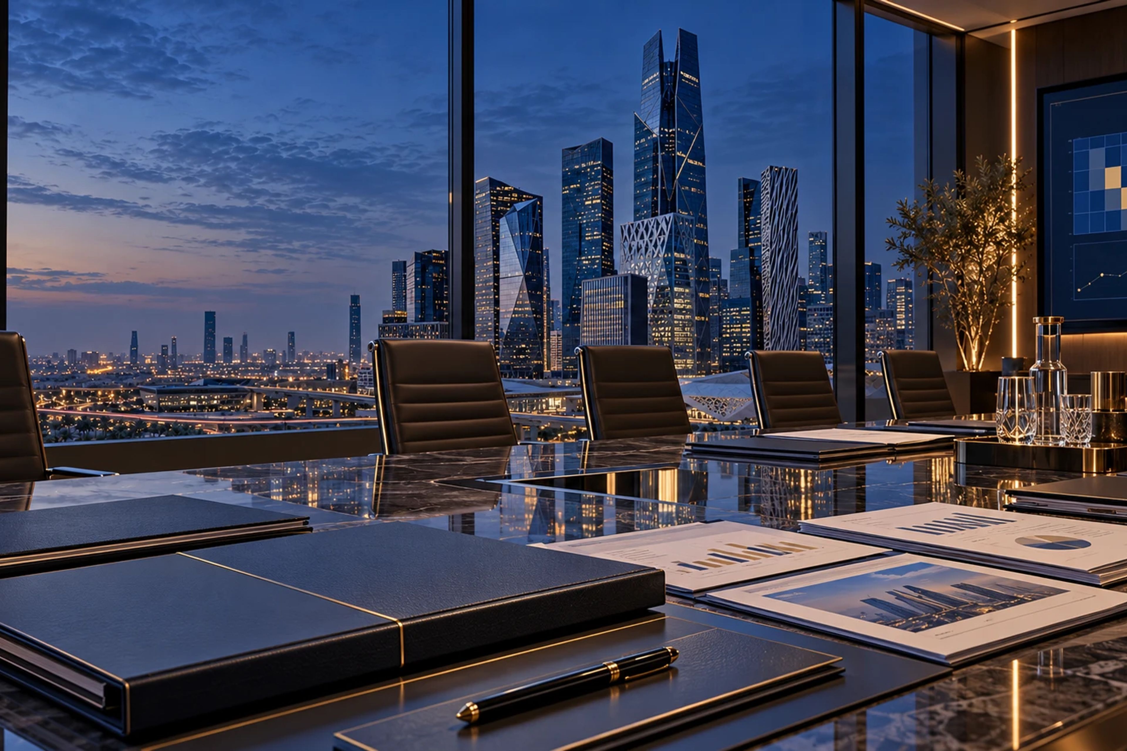 Leather folders, briefing papers and a pen on a boardroom table overlooking Riyadh at dusk.