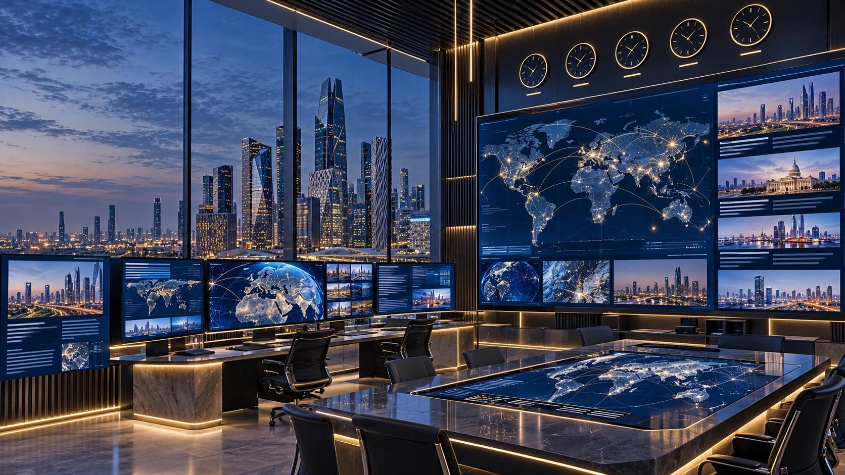 A media monitoring room with world clocks, a global map and screens of news coverage.