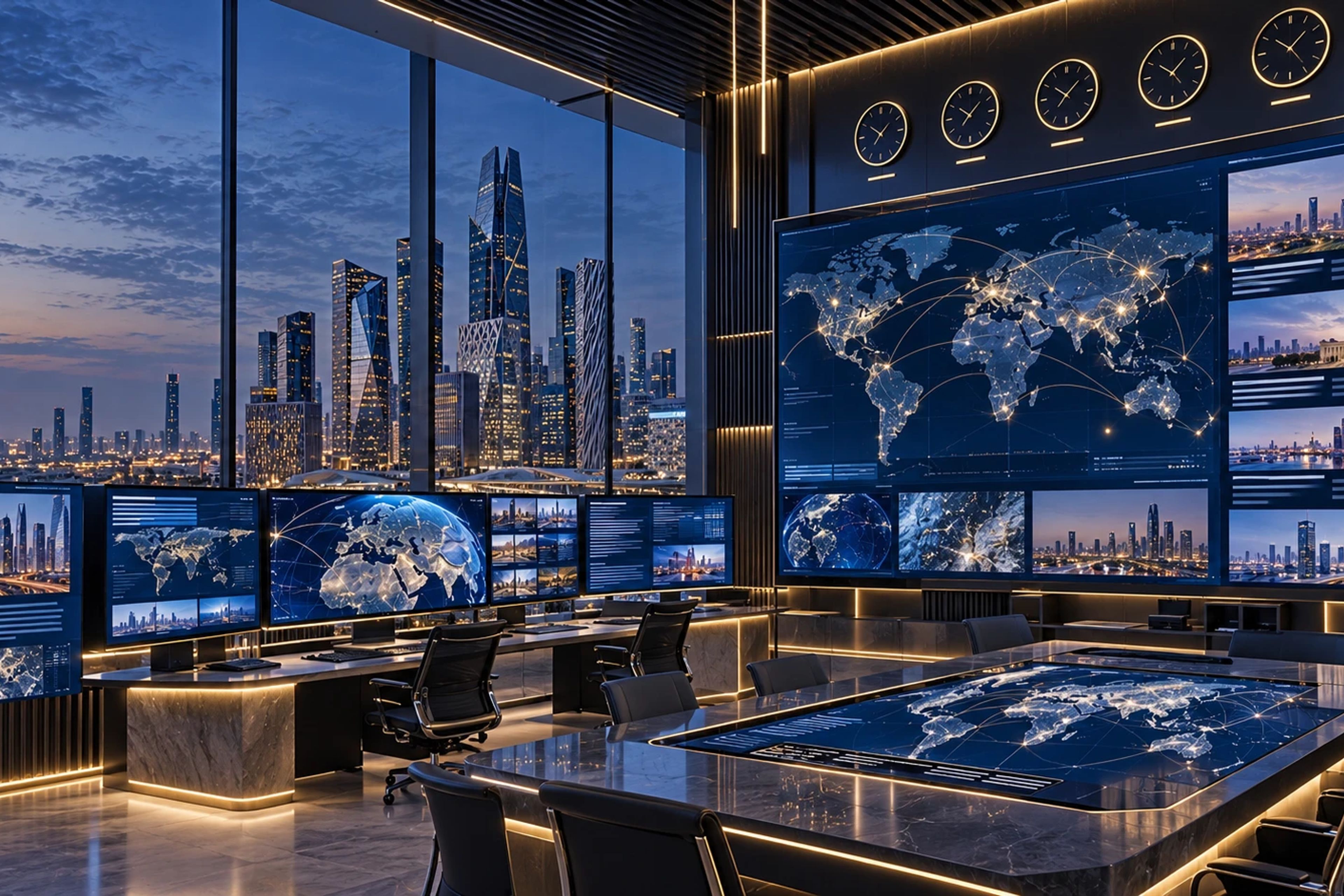 A media monitoring room with world clocks, a global map and screens of news coverage.