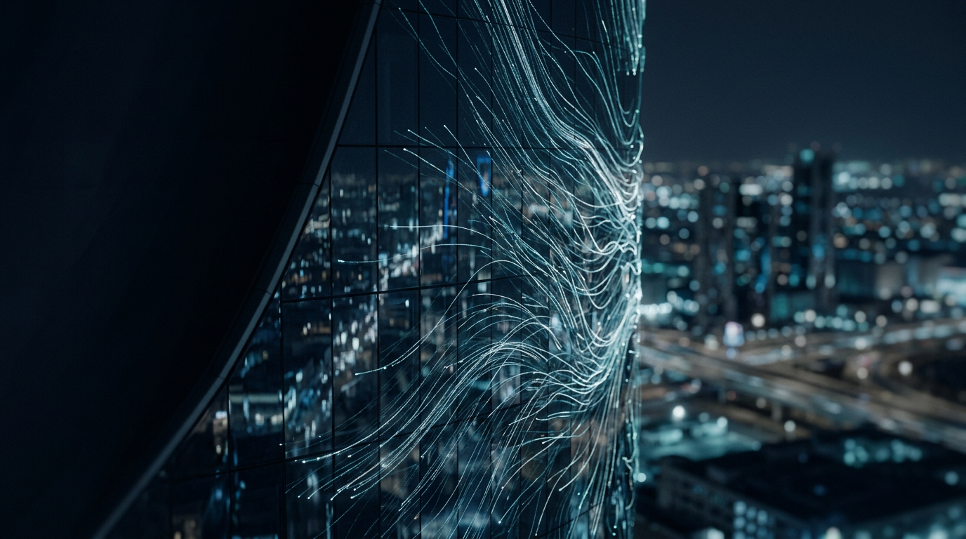 Fine streams of light flowing across a curved glass tower facade at night, Riyadh’s lights blurred beyond.