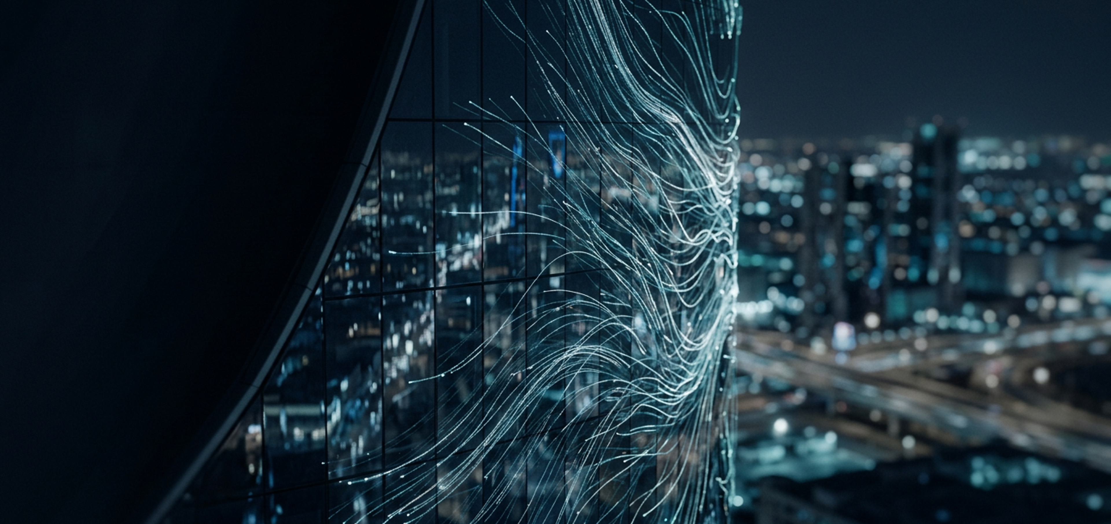 Fine streams of light flowing across a curved glass tower facade at night, Riyadh’s lights blurred beyond.