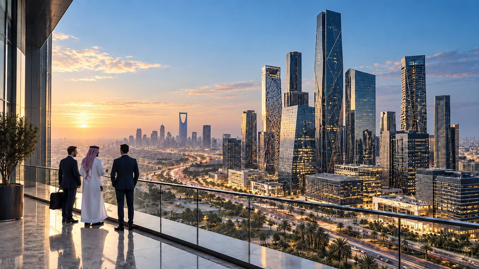 Three business leaders on a glass-walled terrace overlooking the Riyadh skyline at sunset.