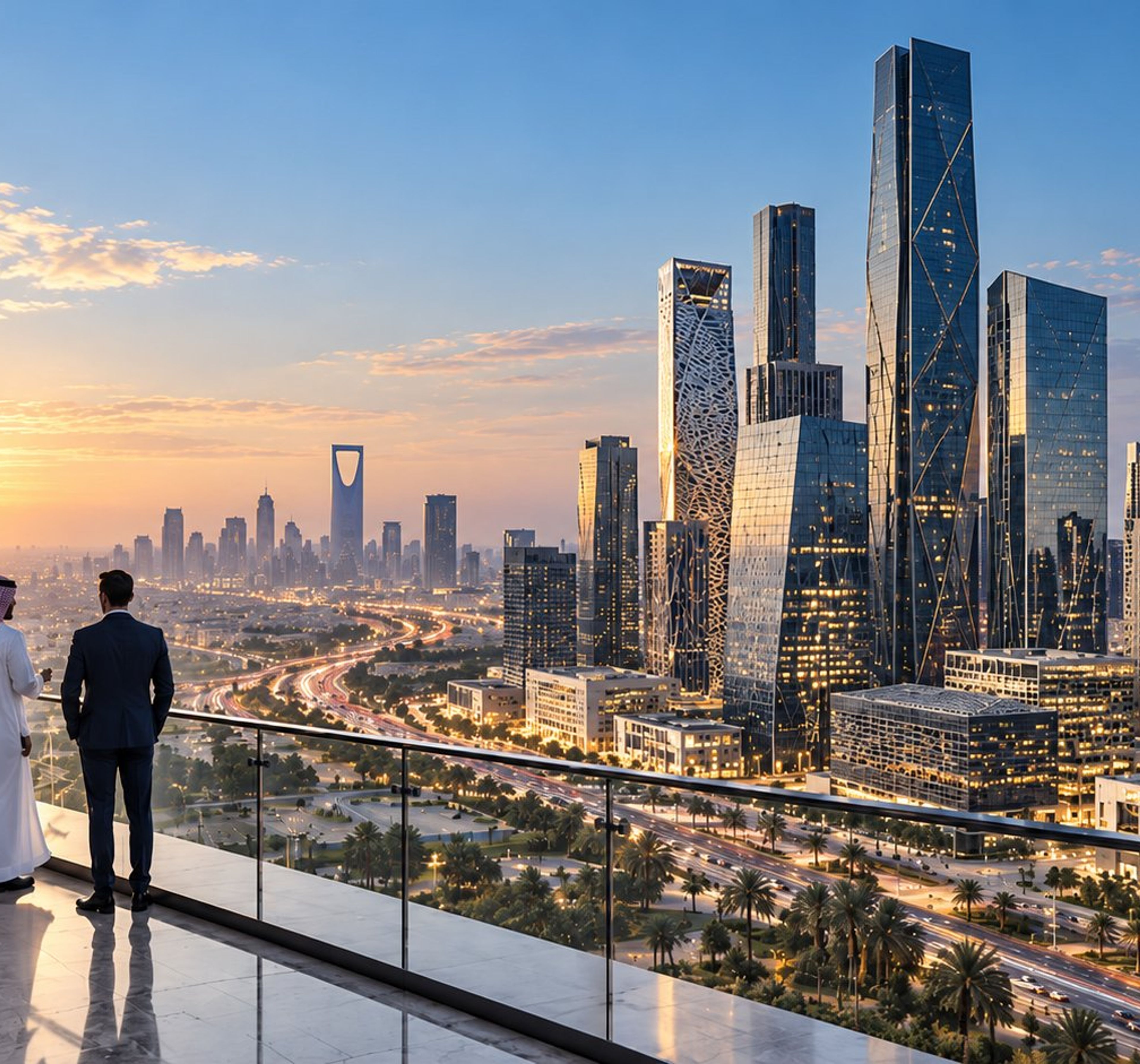 Three business leaders on a glass-walled terrace overlooking the Riyadh skyline at sunset.