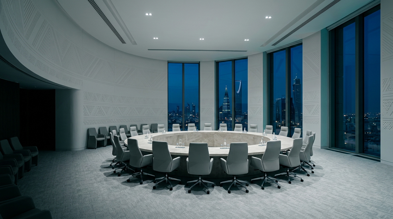 A formal council chamber in Riyadh at blue hour, grey chairs around a round stone table beneath walls carved with Najdi geometric relief.