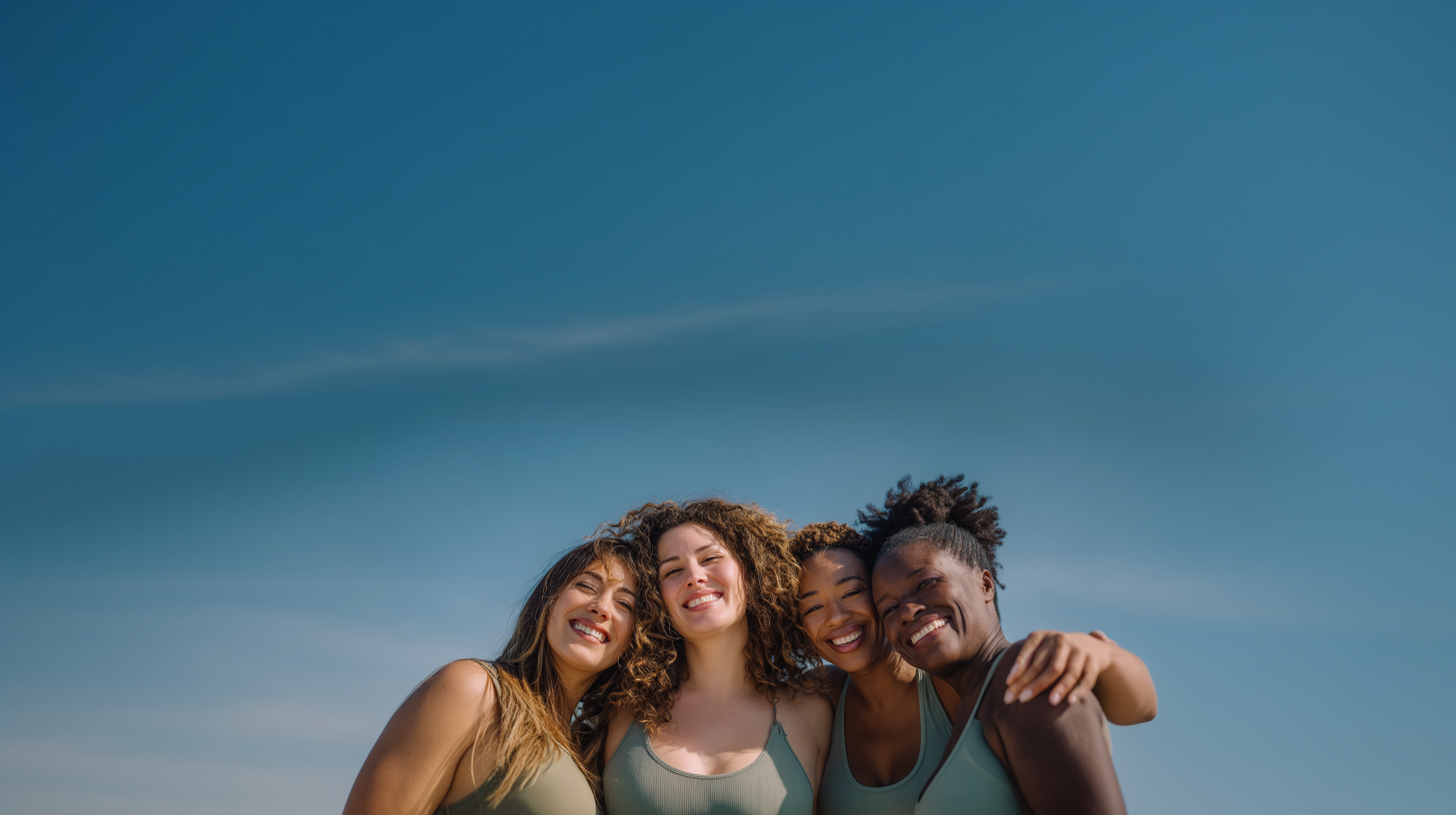Four smiling women embracing outdoors under a blue sky