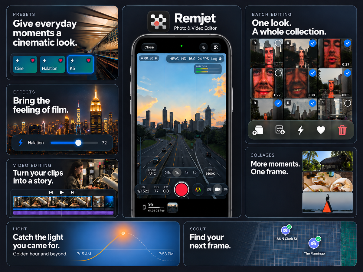 Remjet feature overview showing its camera, presets, film effects, batch editing, video timeline, collages, Light, and Scout.