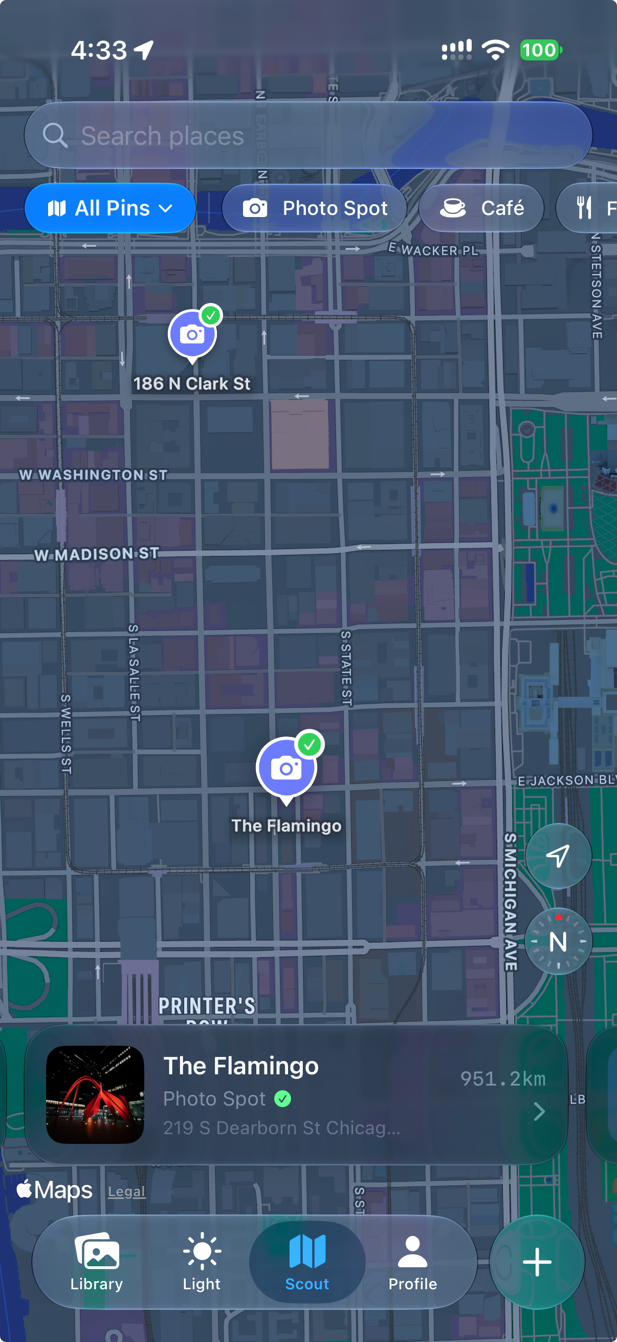 Remjet Scout map with location pins, category filters, and a selected place card.