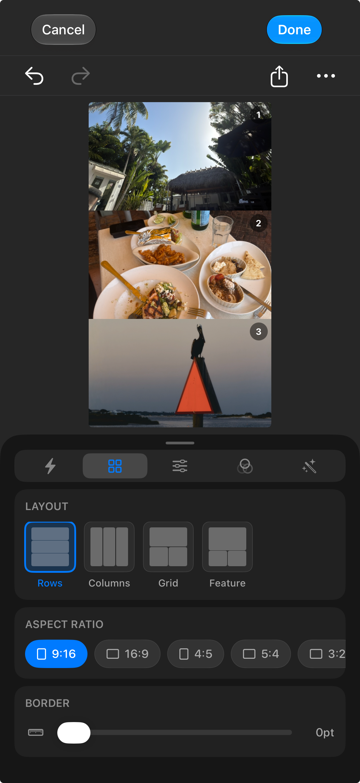 A Remjet collage with layout, aspect ratio, and border controls open.