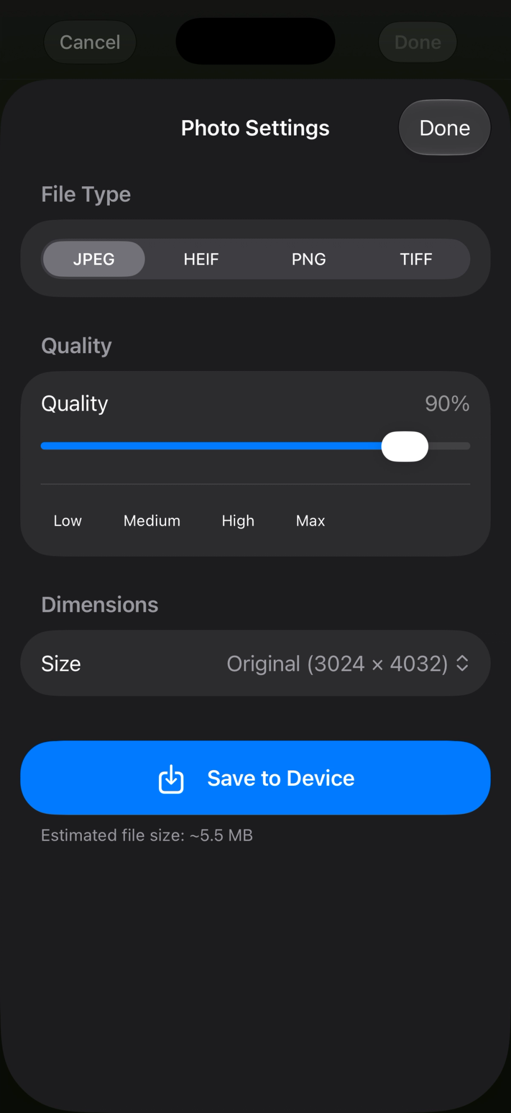 Photo Settings export sheet with file type, JPEG quality, dimensions, and Save to Device.