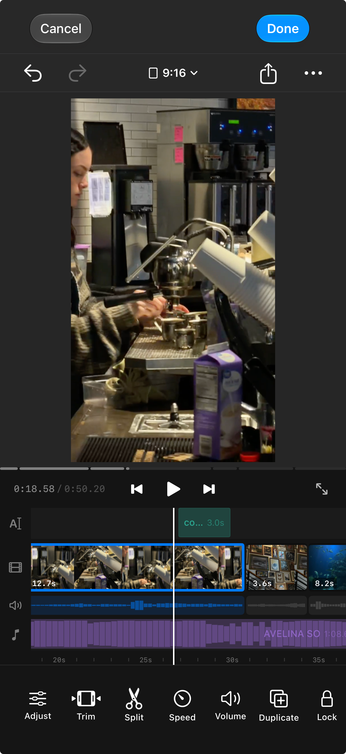 A vertical Remjet video project with picture, text, and audio on the timeline.