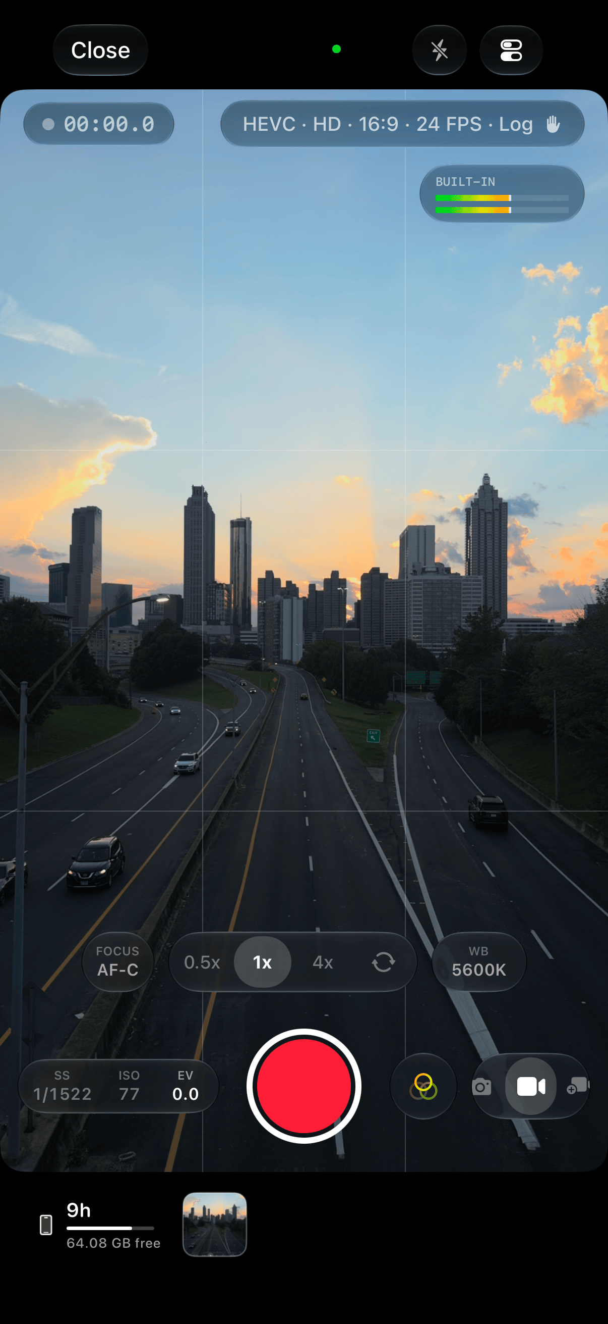 Remjet video camera framing a city skyline, with exposure, focus, white balance, and recording controls visible.