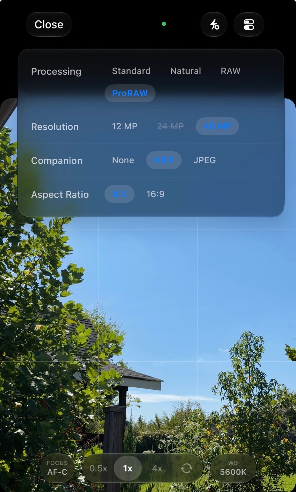 ProRAW capture settings showing resolution, processed companion format, and aspect ratio options.