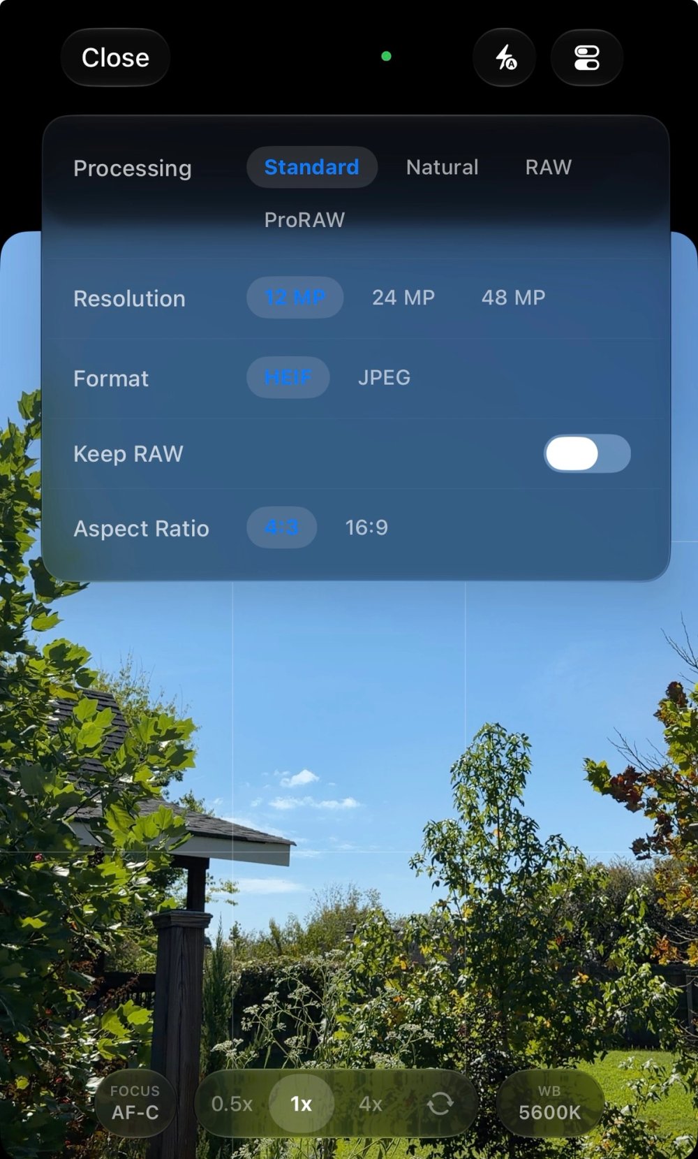 Photo capture settings with Standard processing selected and resolution, format, Keep RAW, and aspect ratio controls visible.