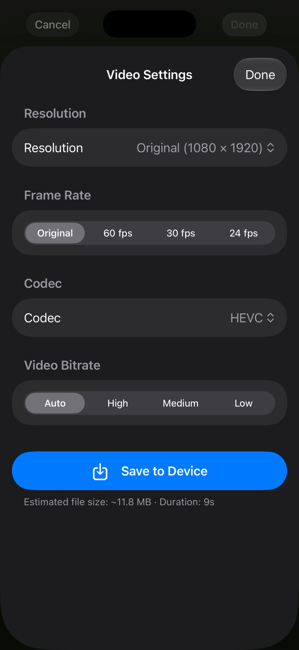 Video Settings export sheet with resolution, frame rate, codec, video bitrate, and Save to Device.