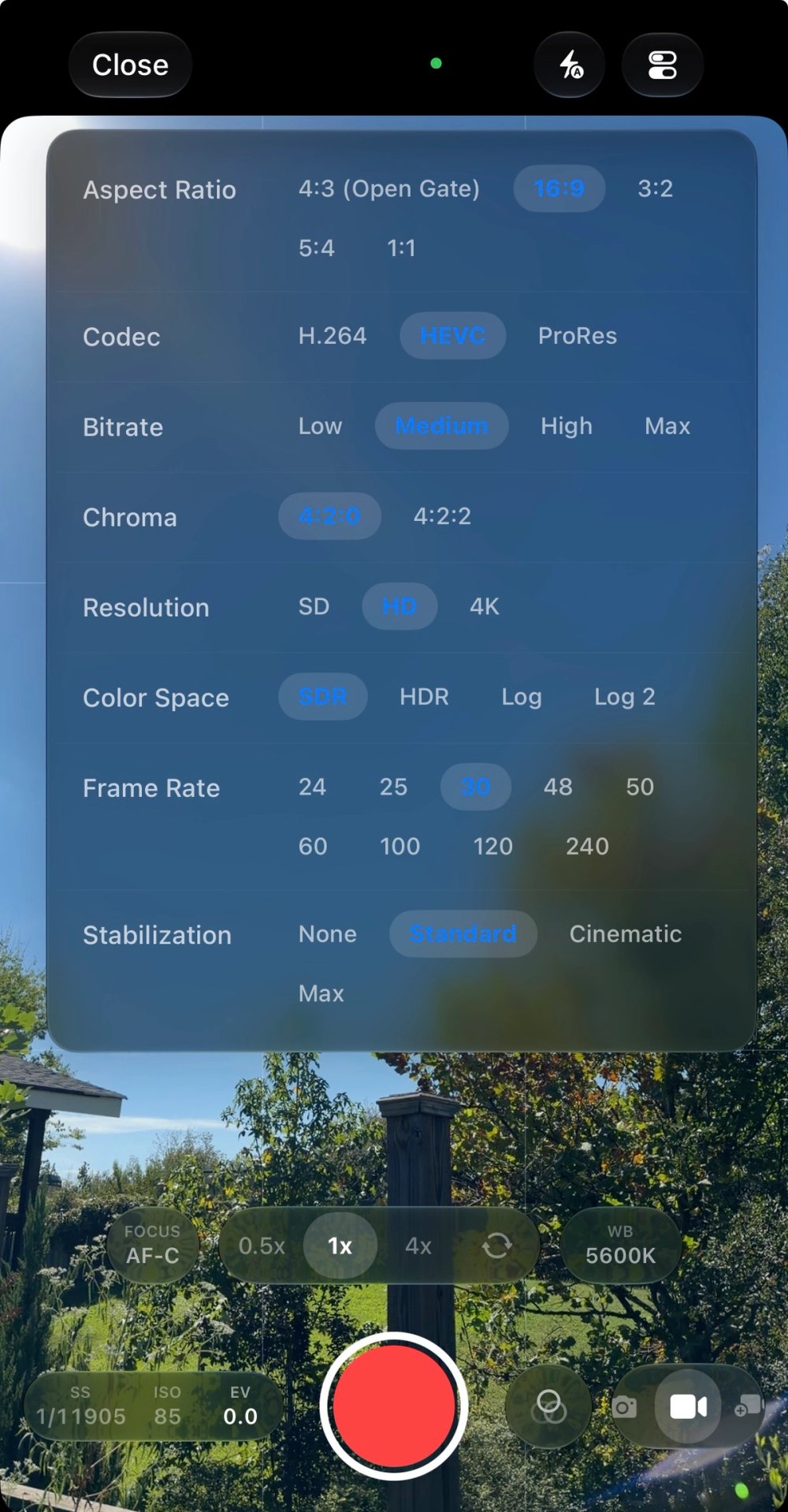 Expanded video capture settings showing aspect ratio, codec, bitrate, chroma, resolution, color space, frame rate, and stabilization.