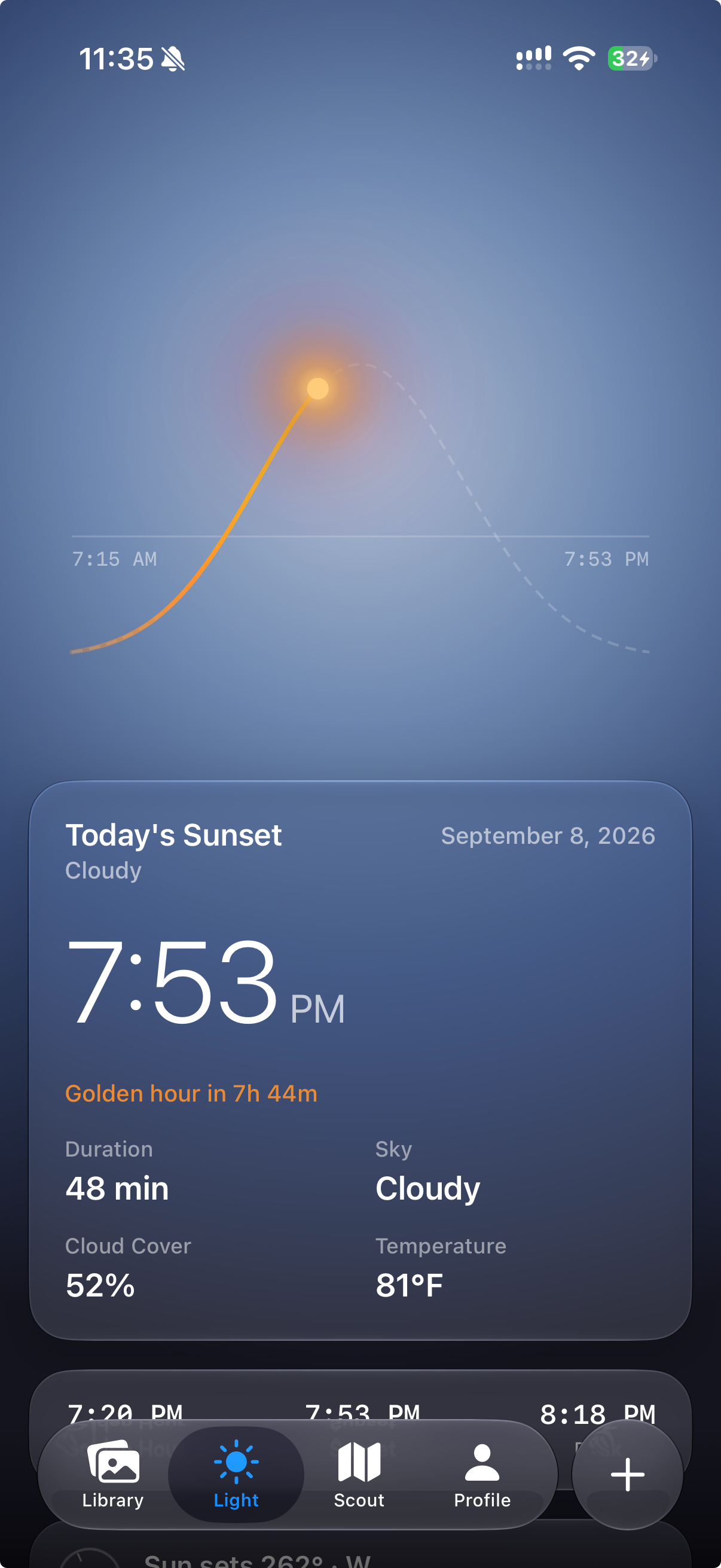 Remjet Light showing a sun path, sunset time, golden-hour duration, and weather information.