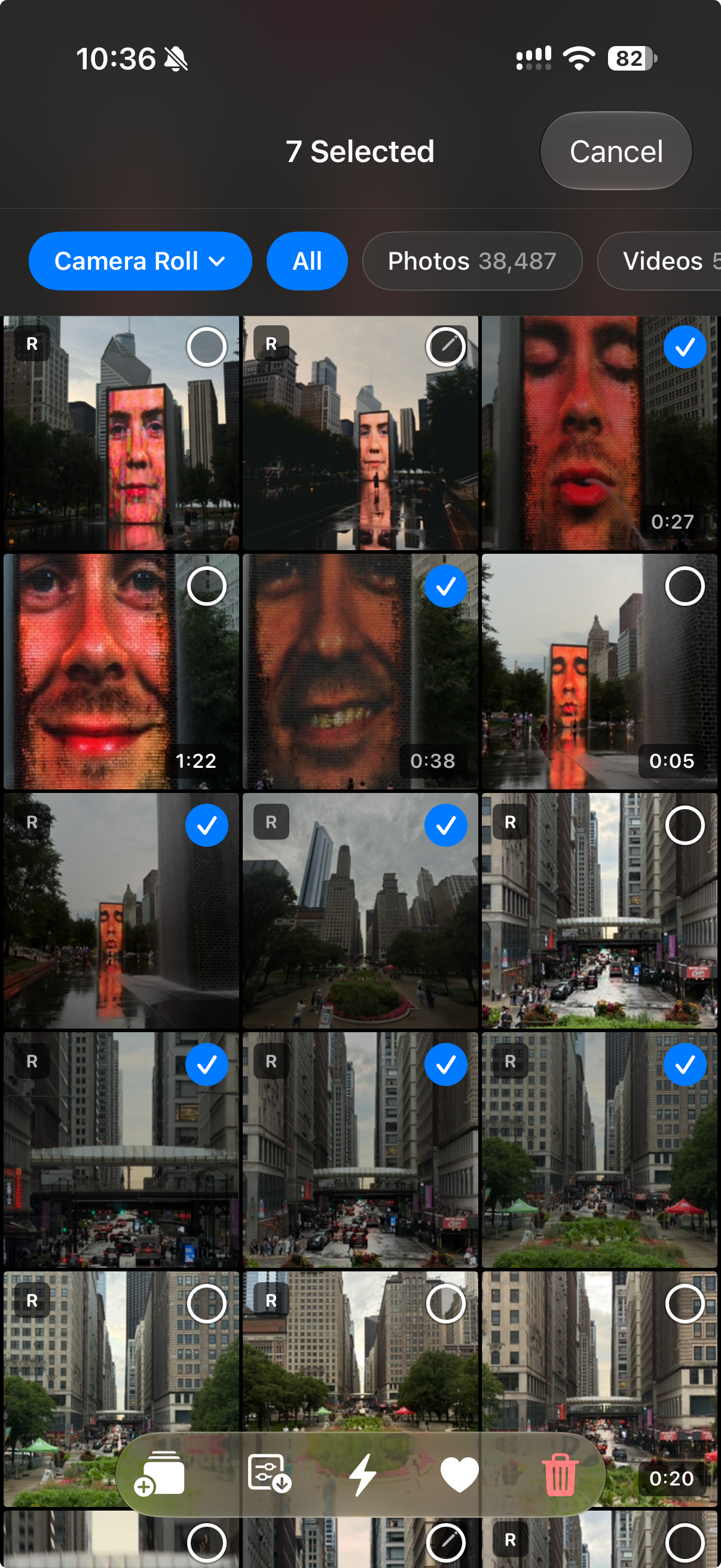Seven photos and videos selected in Remjet’s Library, with selection actions visible.