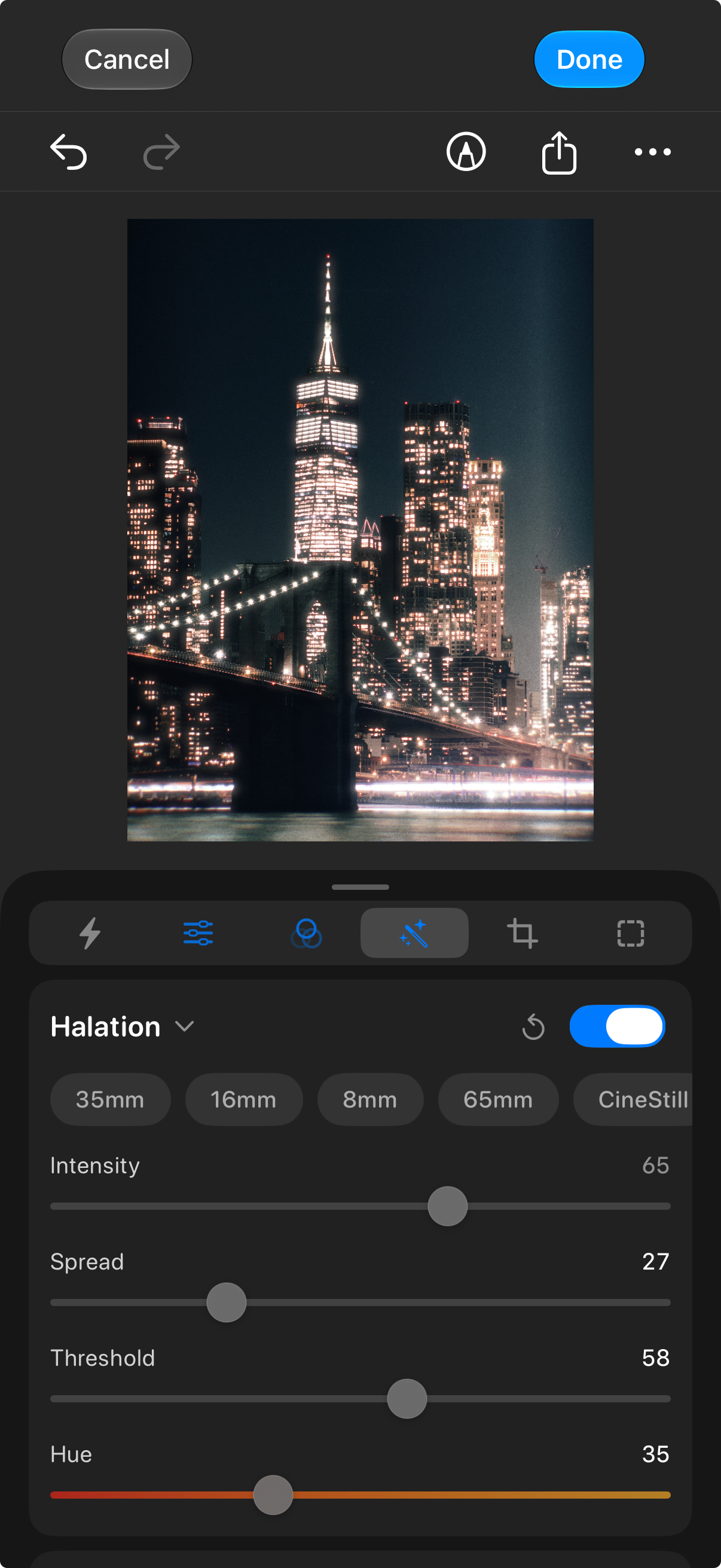 Halation settings applied to a night photograph with bright building lights.