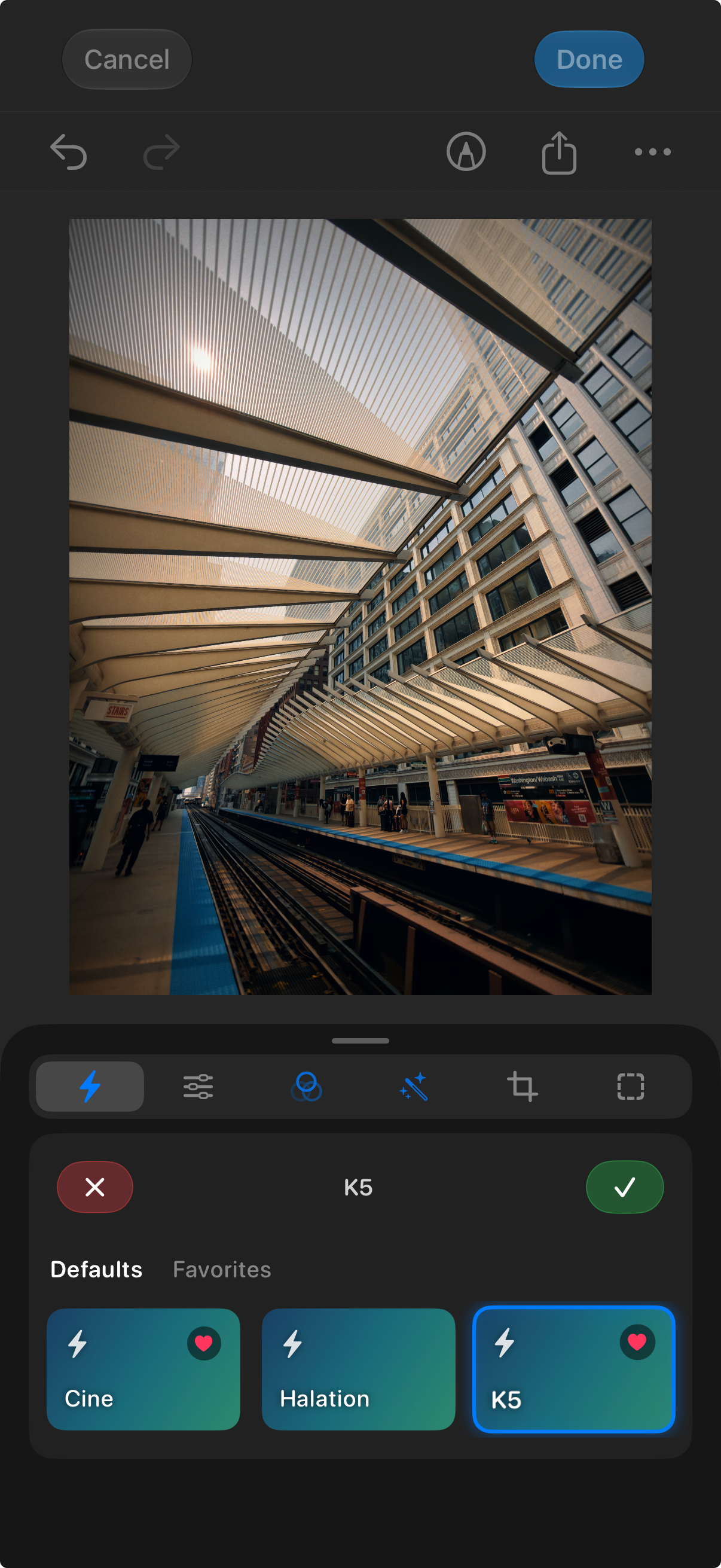 A photograph open in Remjet’s photo editor with the K5 preset selected.
