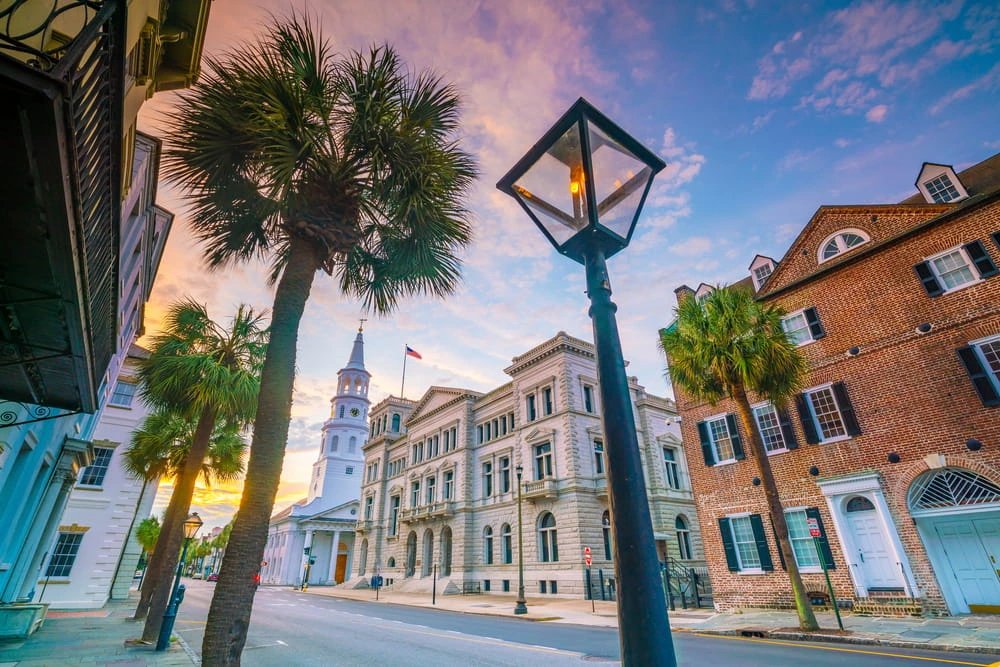 charleston street with lamp post and palmetto trees