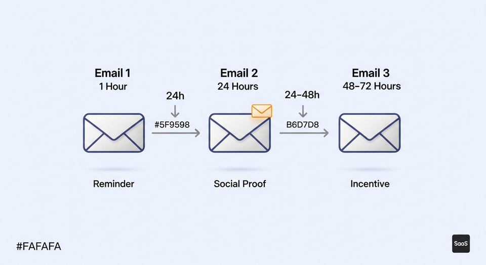 Flowchart showing three-email cart abandonment sequence with timing at one hour, twenty-four hours, and forty-eight to seventy-two hours