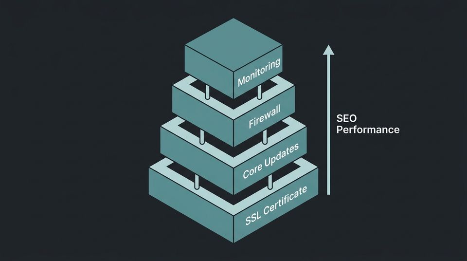 Layered diagram showing four security layers that affect WooCommerce SEO performance