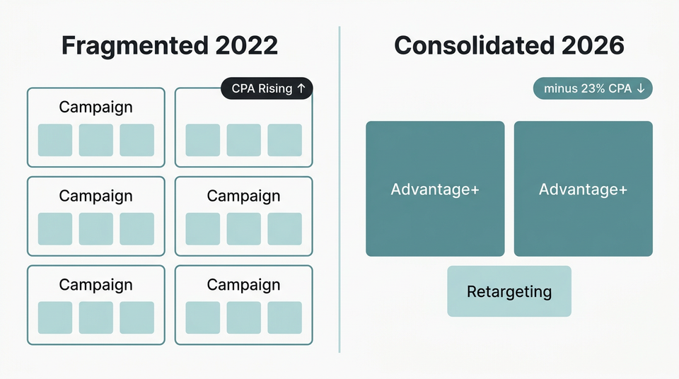 Side-by-side comparison of a fragmented 2022 Meta Ads account structure with 16 ad sets versus a consolidated 2026 Advantage+ structure showing 23% CPA reduction