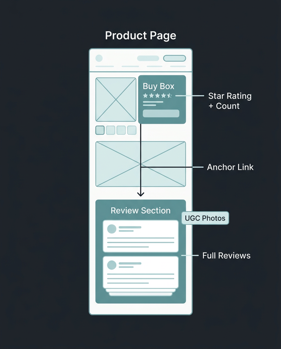Product page wireframe diagram showing star rating placement in buy box and full review section below the fold