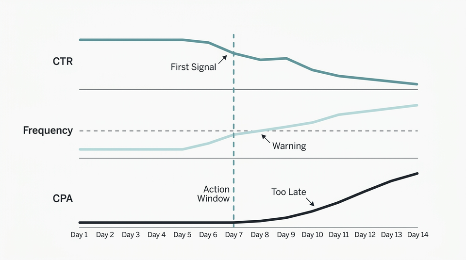 Three line charts showing CTR declining, frequency rising, and CPA increasing over a 14-day period