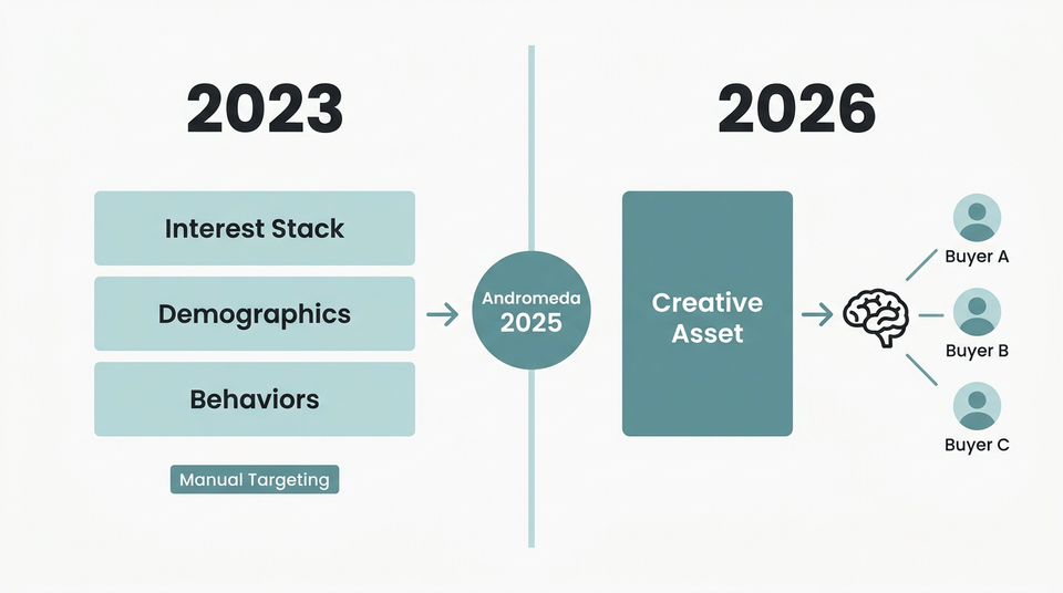 Split timeline comparing 2023 manual audience targeting in Meta Ads to 2026 AI-driven creative matching under Andromeda