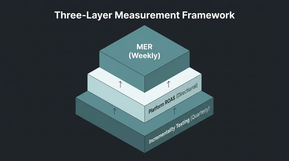 Three-layer measurement framework diagram showing MER as the top-line metric, Platform ROAS as directional signal, and Incrementality Testing as validation layer