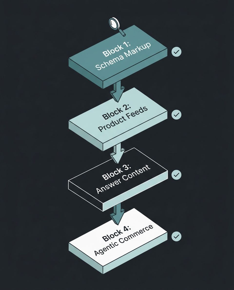 Vertical flowchart showing four steps of the AI search visibility checklist for Shopify stores from schema markup to agentic commerce activation