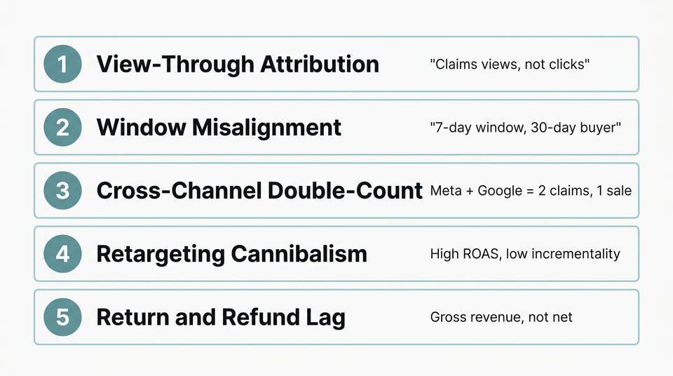 Vertical list of five platform ROAS inflation mechanisms: view-through attribution, attribution window misalignment, cross-channel double-counting, retargeting cannibalism, and return and refund lag