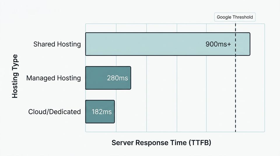 Bar chart comparing server response time across shared, managed, and dedicated hosting for WooCommerce stores