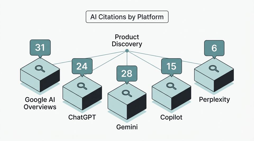 Diagram showing AI search platform fragmentation with citation counts for Google AI Overviews, ChatGPT, Gemini, Copilot, and Perplexity