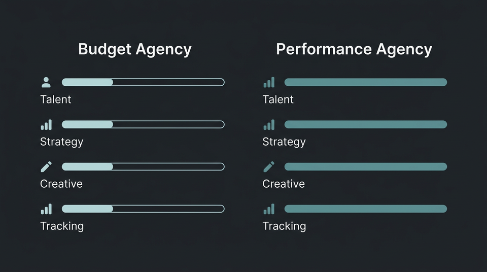 Two columns comparing Budget Agency and Performance Agency across talent, strategy, creative, and tracking dimensions