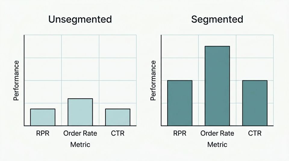 Comparison chart showing unsegmented versus segmented abandoned cart email flow performance