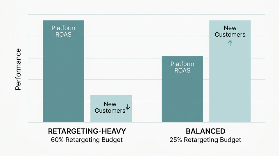 Bar chart comparing a retargeting-heavy account at 60% retargeting budget against a balanced account at 25% retargeting, showing platform ROAS and new customer count for each