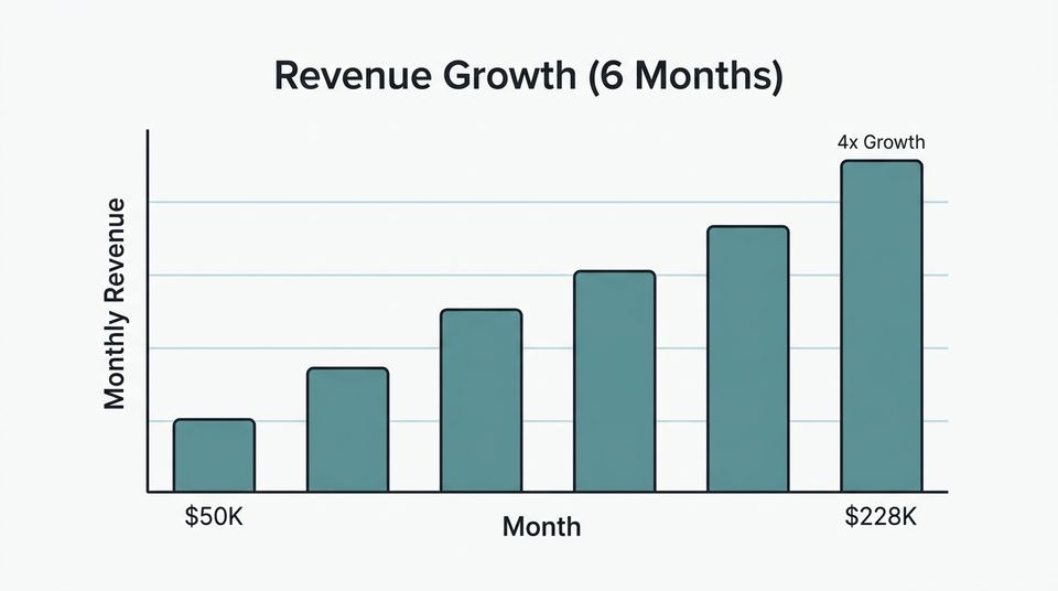 Bar chart showing monthly revenue growth from fifty thousand dollars to two hundred twenty-eight thousand dollars over six months