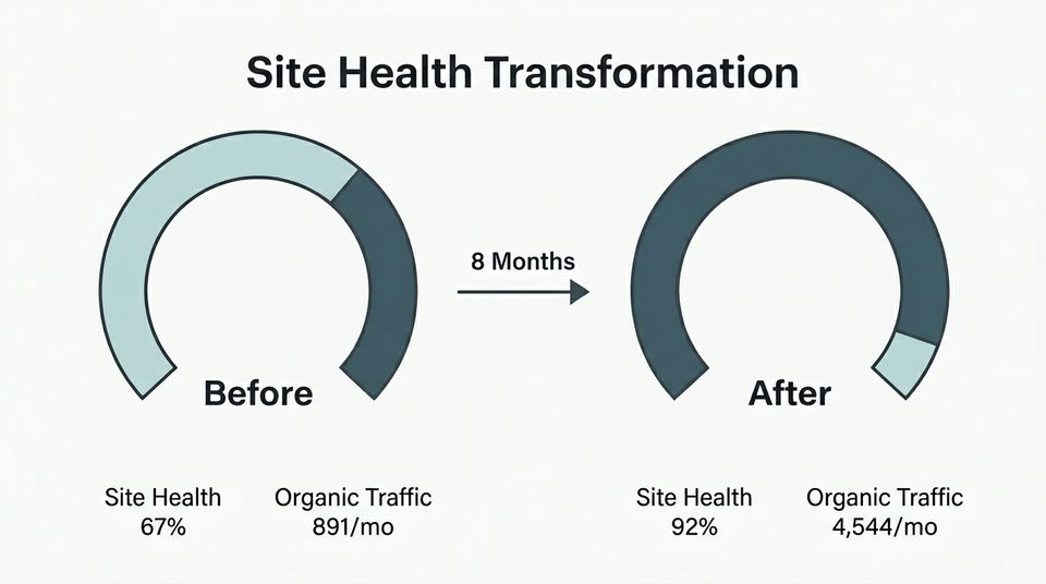 Before and after site health comparison showing improvement from 67 percent to 92 percent